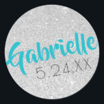 Custom Name Bat Mitzvah Silver Glitter U PICK FONT Classic Round Sticker<br><div class="desc">Personalize this silver glitter and turquoise birthday or Bat Mitzvah sticker, favor label, or envelope seal with your name and party date. * * * * * * * * * * * * Click CUSTOMIZE to change the font color, placement or size of both the name and date. *...</div>