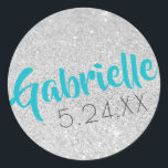 Custom Name Bat Mitzvah Silver Glitter U PICK FONT Classic Round Sticker<br><div class="desc">Personalize this silver glitter and turquoise birthday or Bat Mitzvah sticker, favor label, or envelope seal with your name and party date. * * * * * * * * * * * * Click CUSTOMIZE to change the font color, placement or size of both the name and date. *...</div>