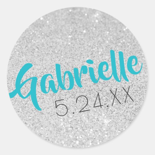 Custom Name Bat Mitzvah Silver Glitter U PICK FONT Classic Round Sticker