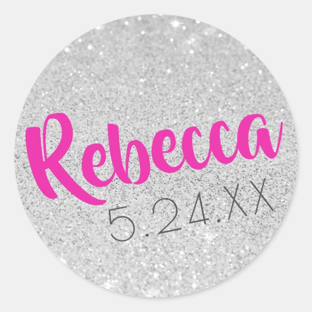 Custom Name Bat Mitzvah Silver Glitter U PICK FONT Classic Round Sticker (Front)