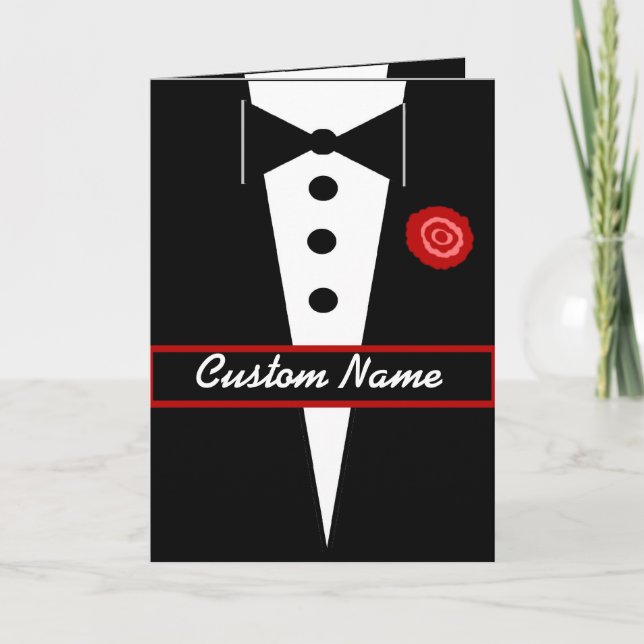 CUSTOM NAME Be My Groomsman Card with Tux and Rose (Front)