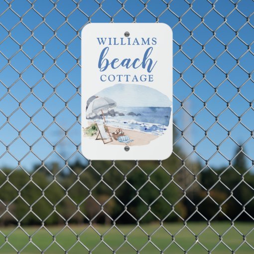 Custom Name, Beach Cottage/House, Watercolor Beach Metal Sign Zazzle
