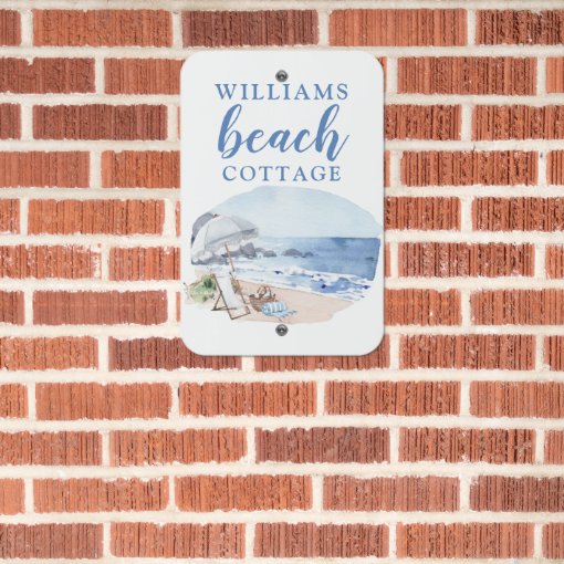 Custom Name, Beach Cottage/House, Watercolor Beach Metal Sign Zazzle