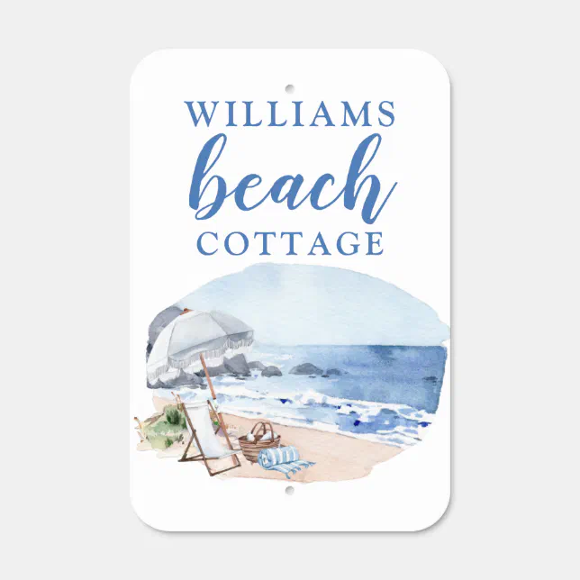 Custom Name, Beach Cottage/House, Watercolor Beach Metal Sign Zazzle