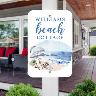 Custom Name, Beach Cottage/House, Watercolor Beach Metal Sign