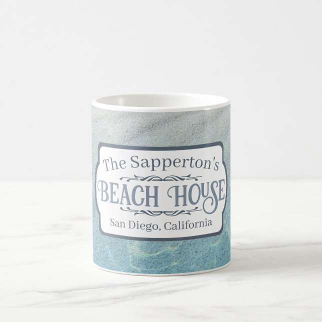 Custom Name Beach House Sand and Water Coffee Mug (Center)