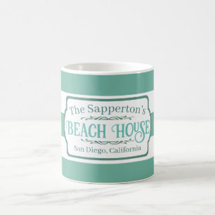 Custom Name Beach House Teal Stripes Coffee Mug