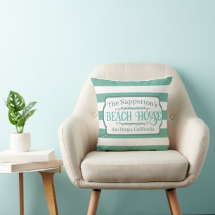 Custom Name Beach House Teal Stripes Throw Pillow