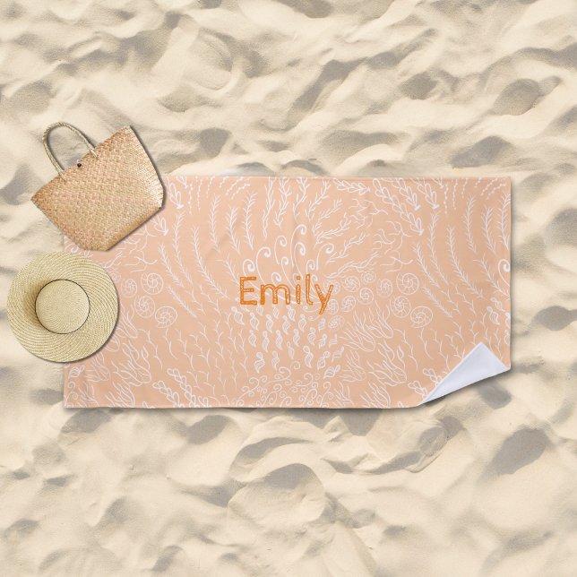 Custom Name Beach Towel –Sea Shell & Coral Print (Peach Ocean Scene Beach Towel)
