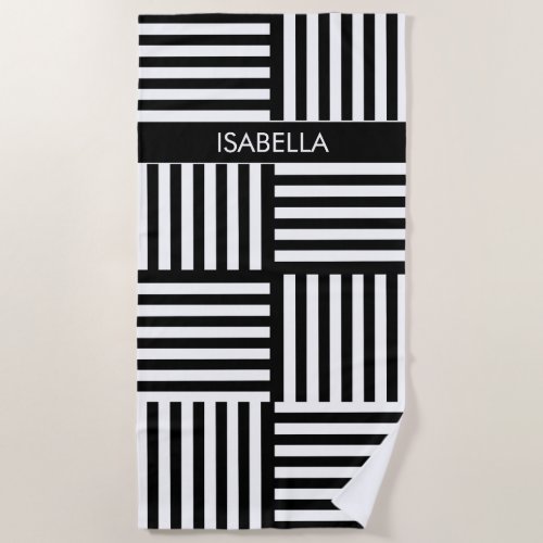 Custom Name Beach Towel with Black White Stripes