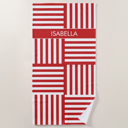 Custom Name Beach Towel with Red White Stripes