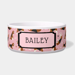 Custom Name Beagle Pattern Pink Bowl