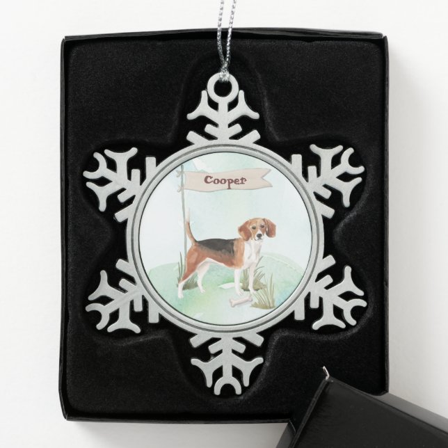 Custom Name Beagle Pet Dog Snowflake Pewter Christmas Ornament (Box)