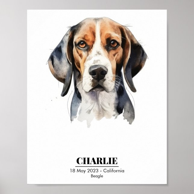 Custom Name Beagle Watercolor Portrait Poster (Front)
