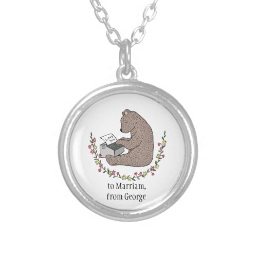 Custom name Bear Art Love Anniversary Valentine  Silver Plated Necklace