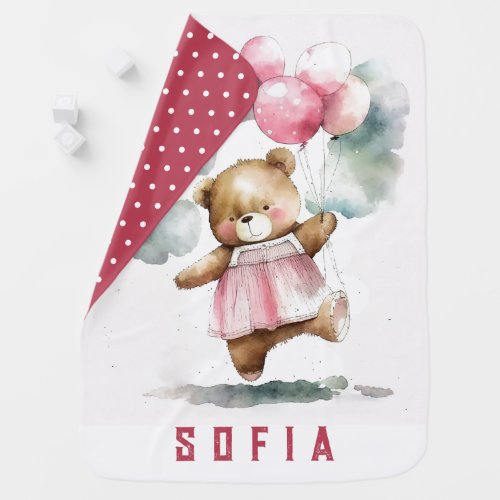 Custom Name Bear Balloons Pink Dress Polka Dot  Baby Blanket