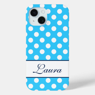 Custom Name, Beautiful Blue Color White Polka Dots iPhone 15 Case