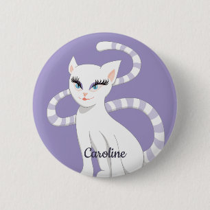 Custom Name Beautiful Cartoon Cute White Cat Button