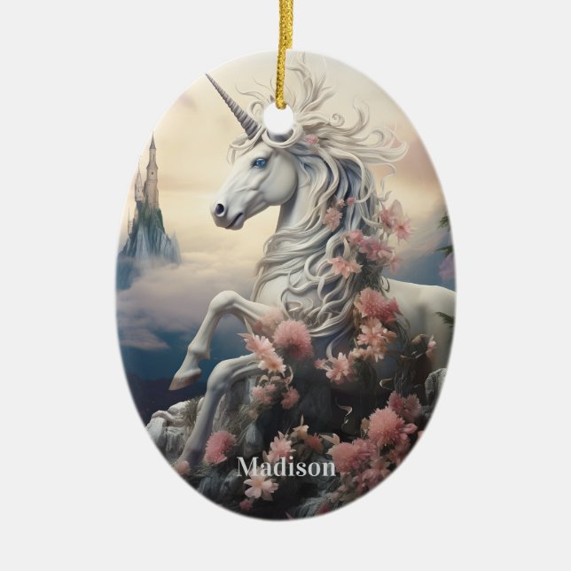 Custom Name Beautiful Unicorn Ceramic Ornament (Front)