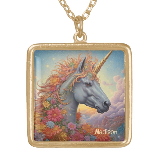 Custom Name Beautiful Unicorn Gold Plated Necklace (Front)