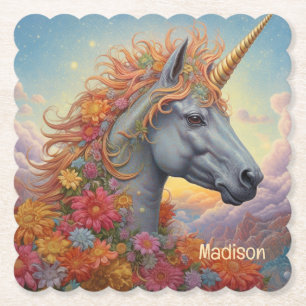 Custom Name Beautiful Unicorn Paper Coaster