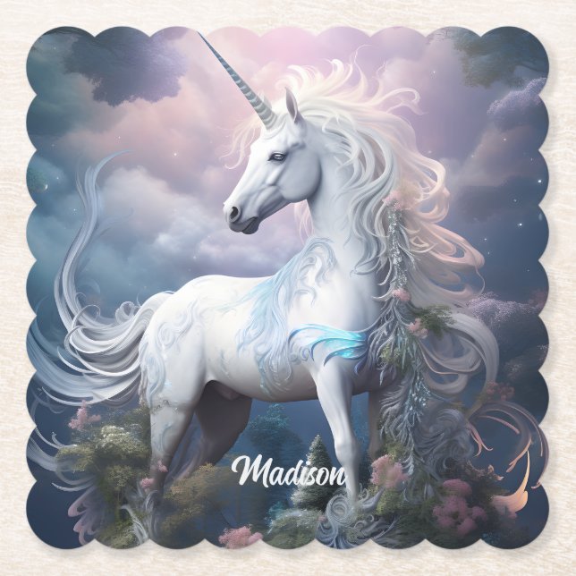 Custom Name Beautiful Unicorn Paper Coaster (Front)
