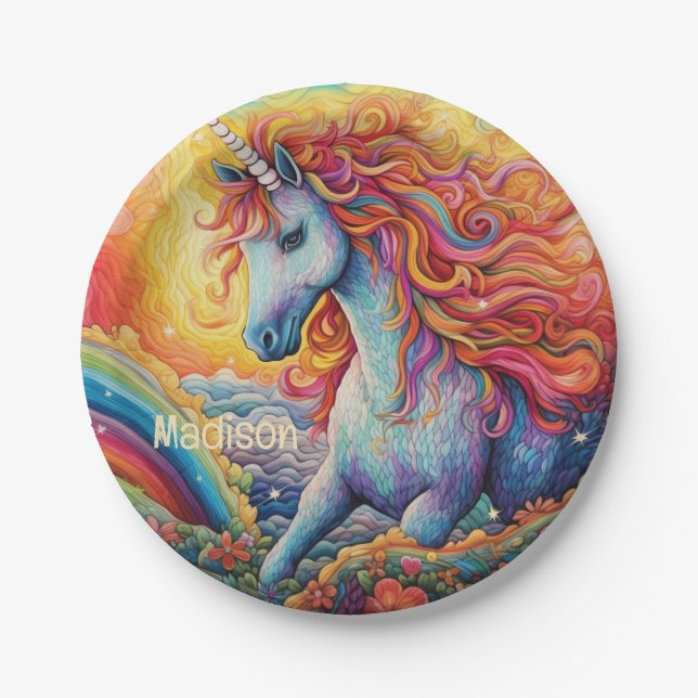 Custom Name Beautiful Unicorn Paper Plates (Front)