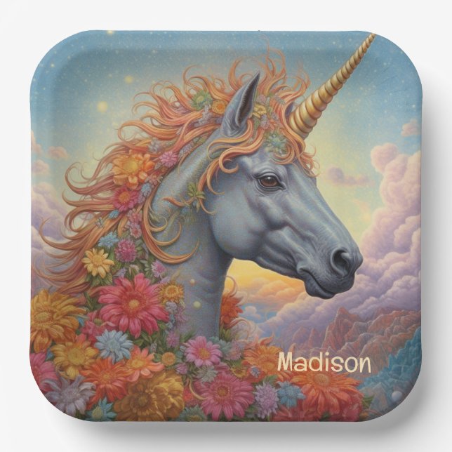 Custom Name Beautiful Unicorn Paper Plates (Front)