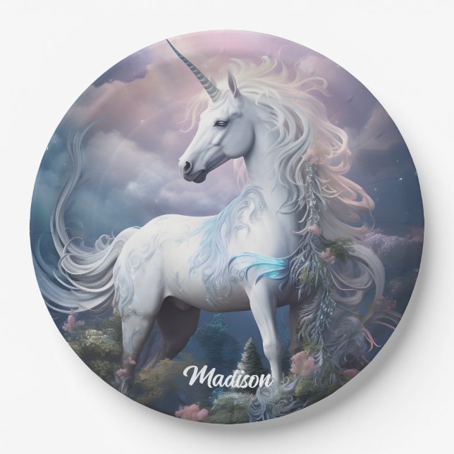 Custom Name Beautiful Unicorn Paper Plates (Front)