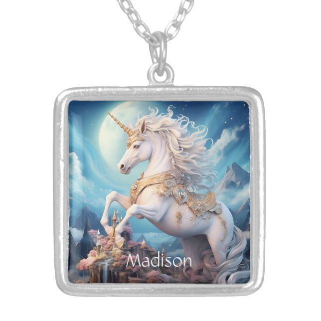 Custom Name Beautiful Unicorn Silver Plated Necklace (Front)