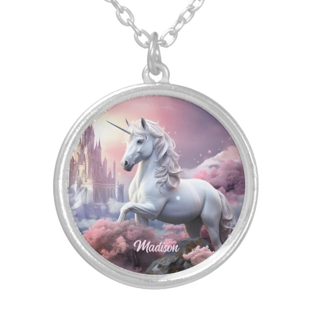 Custom Name Beautiful Unicorn Silver Plated Necklace (Front)