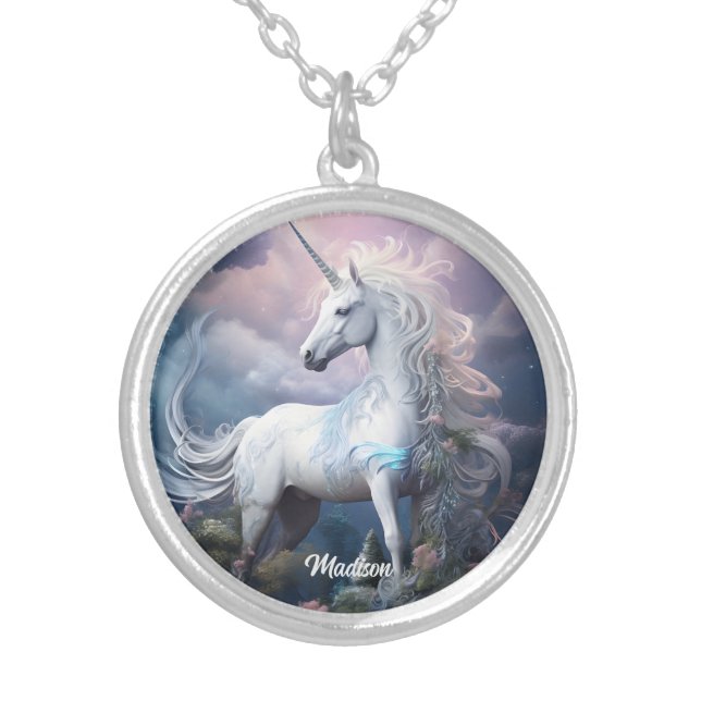 Custom Name Beautiful Unicorn Silver Plated Necklace (Front)