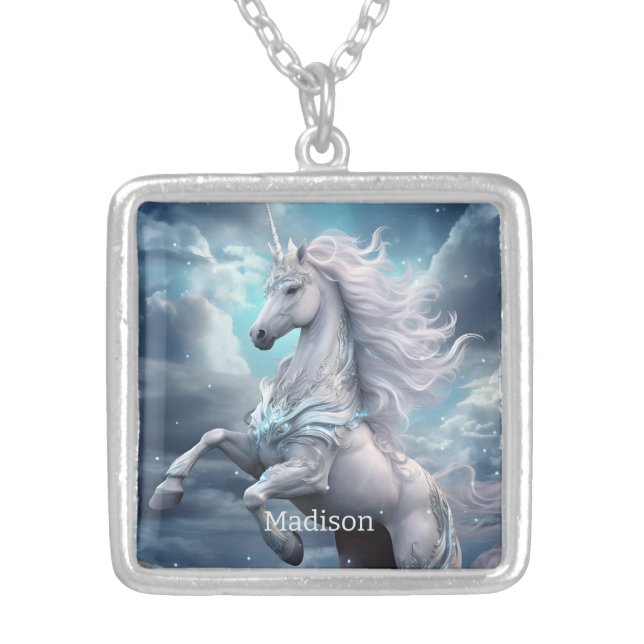 Custom Name Beautiful Unicorn Silver Plated Necklace (Front)