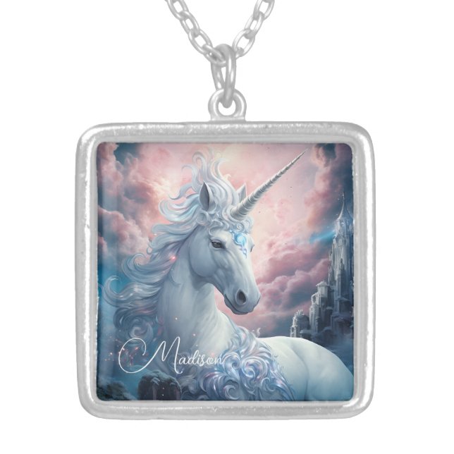 Custom Name Beautiful Unicorn Silver Plated Necklace (Front)