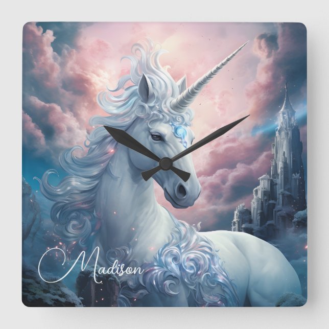 Custom Name Beautiful Unicorn Square Wall Clock (Front)