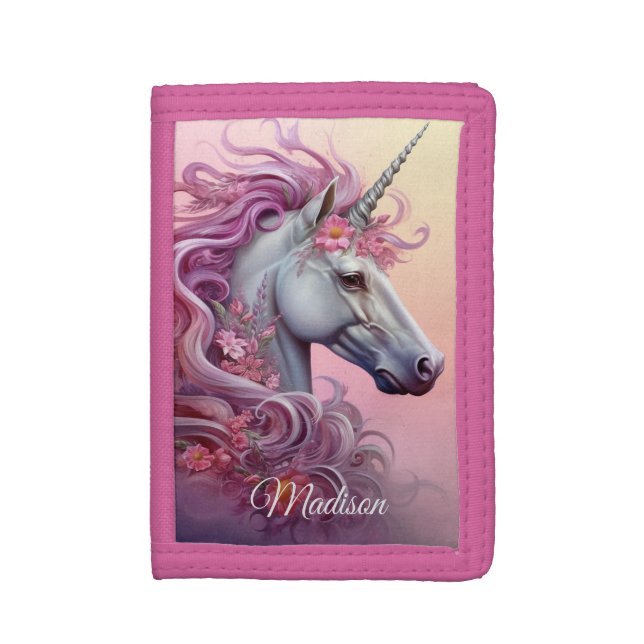Custom Name Beautiful Unicorn Trifold Wallet (Front Vertical)
