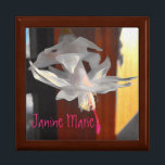 Custom Name Beautiful White Cactus Flower Photo Gift Box<br><div class="desc">The gift box cover tile features my close-up photograph of a white Christmas cactus flower. The photograph was run through a digital brushstroke filter. Fill in the template field,  remove the text or click customize to select a font style,  size,  and color you like. Great gift idea!</div>