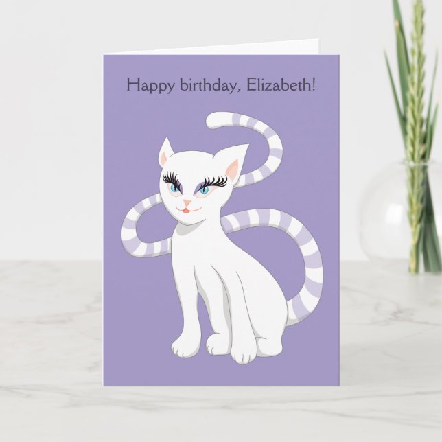 Custom Name Beautiful White Cat Birthday Card (Front)