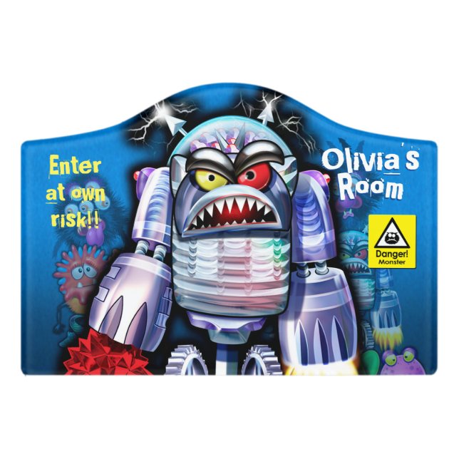 Custom Name Bedroom sign Monster Robot (Small Crest Front)