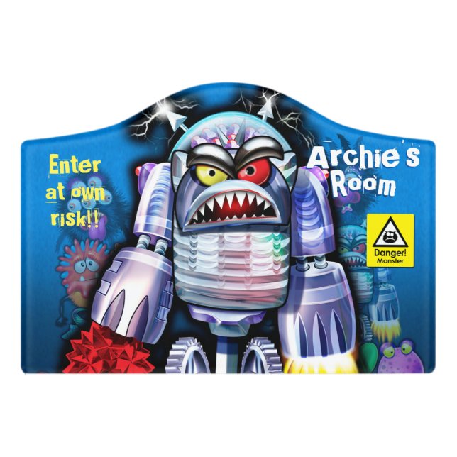 Custom Name Bedroom sign Monster Robot (Small Crest Front)