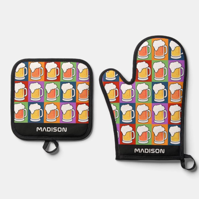 Custom Name Beer Pop Art Oven Mitt & Pot Holder Set (Front)
