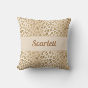 Custom Name Beige and Gold Glitter Leopard Print  Throw Pillow