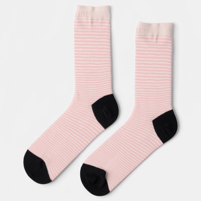 Custom Name Beige Dusty Pink Peach Stripes  Socks (Left)