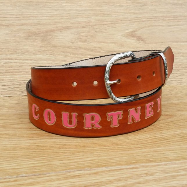 Custom Red Leather Belt With Initials Engraving Burnished 