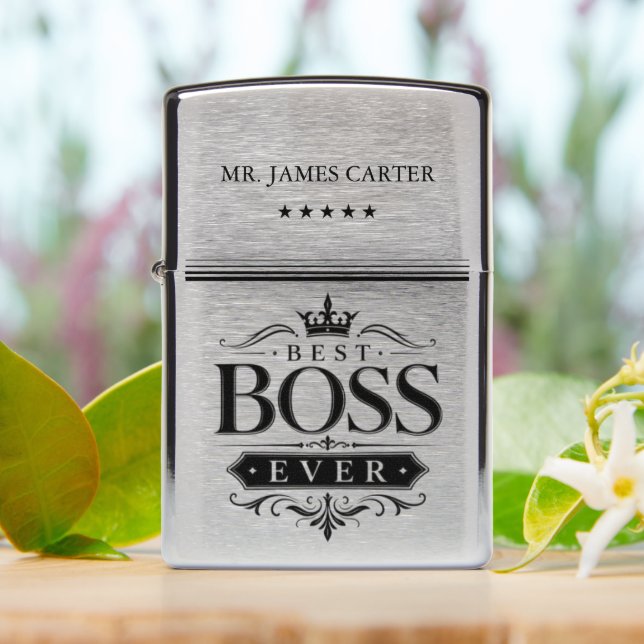 Custom Name Best Boss Ever Zippo Lighter (On Table)