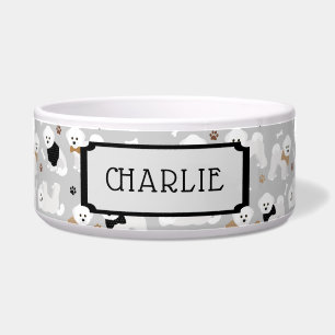 Custom Name Bichon Frise Pattern Gray Dog Bowl