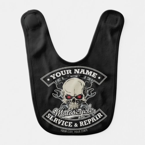 Custom NAME Biker Mechanic Skull Motorcycle Garage Baby Bib