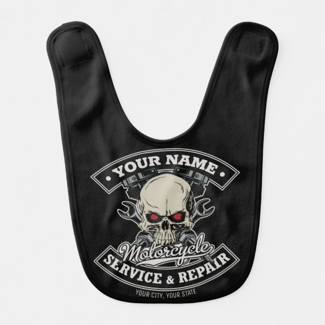 Custom NAME Biker Mechanic Skull Motorcycle Garage Baby Bib (Front)
