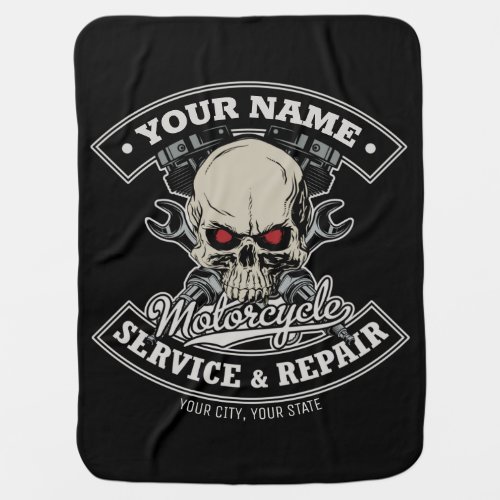 Custom NAME Biker Mechanic Skull Motorcycle Garage Baby Blanket