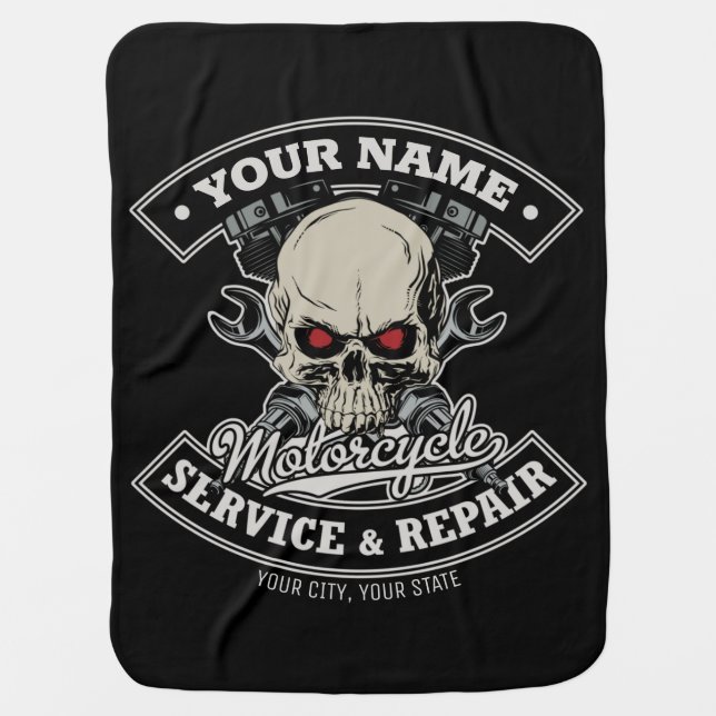 Custom NAME Biker Mechanic Skull Motorcycle Garage Baby Blanket (Front)